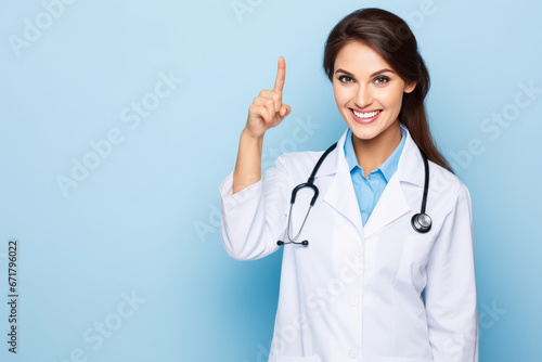 Smiling happy doctor pointing with finger on blue background. 