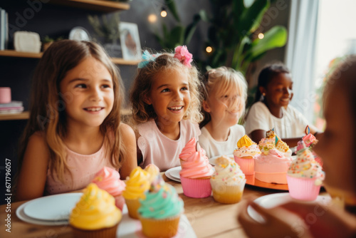 children 5-6 years old at the festive table with sweets photo