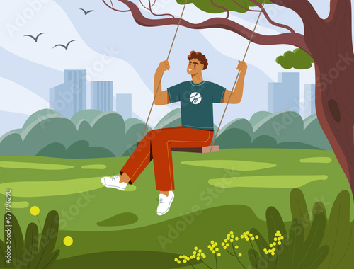 Person at swings in park vector