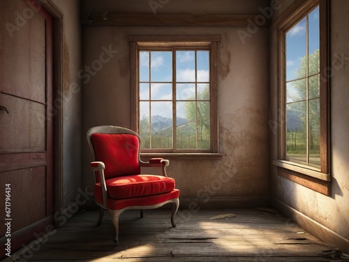 Old red chair in an empty room