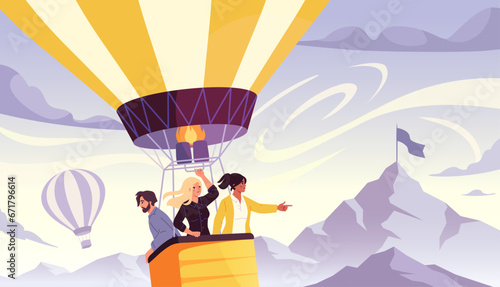 Team at air balloon vector concept