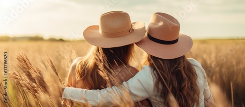 Concept of girls friendship Two joyful best friends wearing hats affectionately kissing each other s cheeks while enjoying the outdoors on grass photo