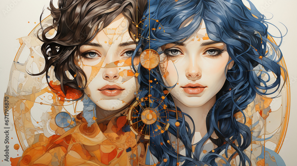 Obraz premium Gemini: A dynamic portrayal of the Twins, with two individuals intertwined and full of curiosity, representing the Gemini zodiac sign