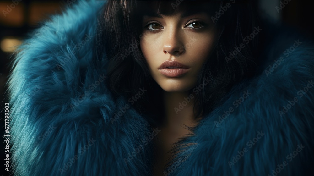 Beautiful Woman with bangs hairstyle and wearing fashion fur coat - obrazy, fototapety, plakaty 