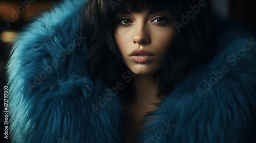 Beautiful Woman with bangs hairstyle and wearing fashion fur coat photo