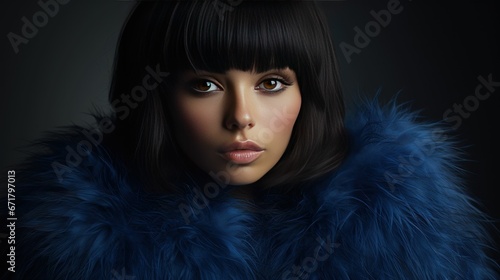 Beautiful Woman with bangs hairstyle and wearing fashion fur coat