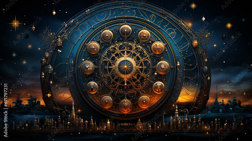 Zodiac Symbols: A collection of intricate symbols representing each zodiac sign, beautifully arranged on a cosmic backdrop