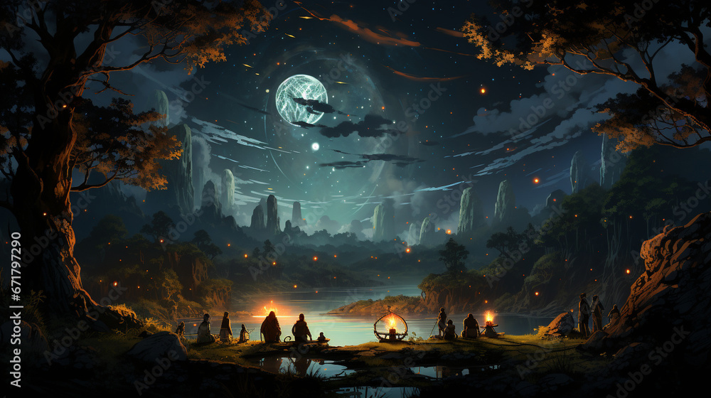 Obraz premium A Zodiac Gathering: A whimsical scene featuring all the zodiac signs gathered together for a celestial meeting under the stars