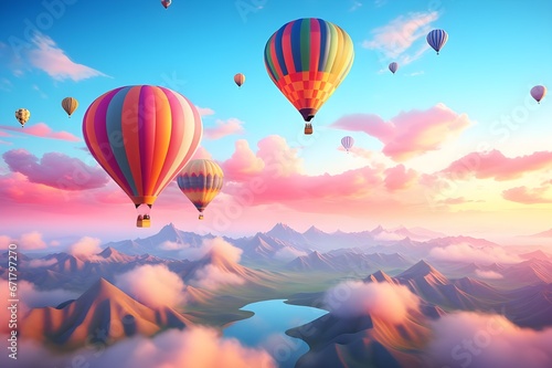 Vibrant hot air balloons against a pastel morning sky. 