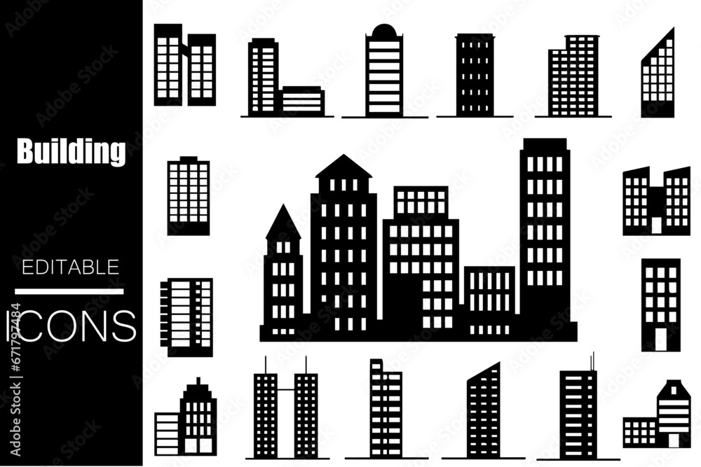 Building Editable Icons set. Vector illustration in simple minimal modern style of types of residential and public buildings: condo, government, school, church etc.