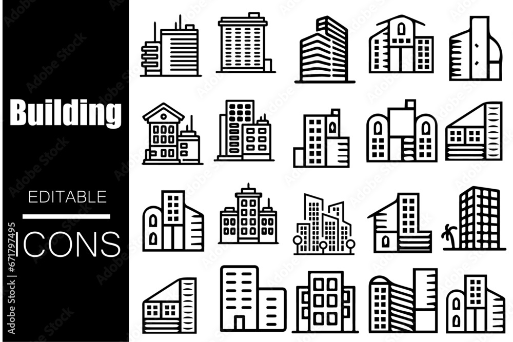 Building line Editable Icons set. Simple minimal Line Vector illustration in modern thin line style of types of residential and public buildings: condo, government, school, church,