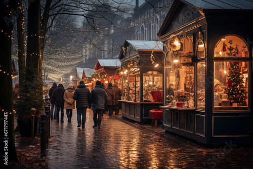 crowded Christmas market with decorated stalls with lots of souvenirs, crafts and treats during winter holidays. cozy atmosphere