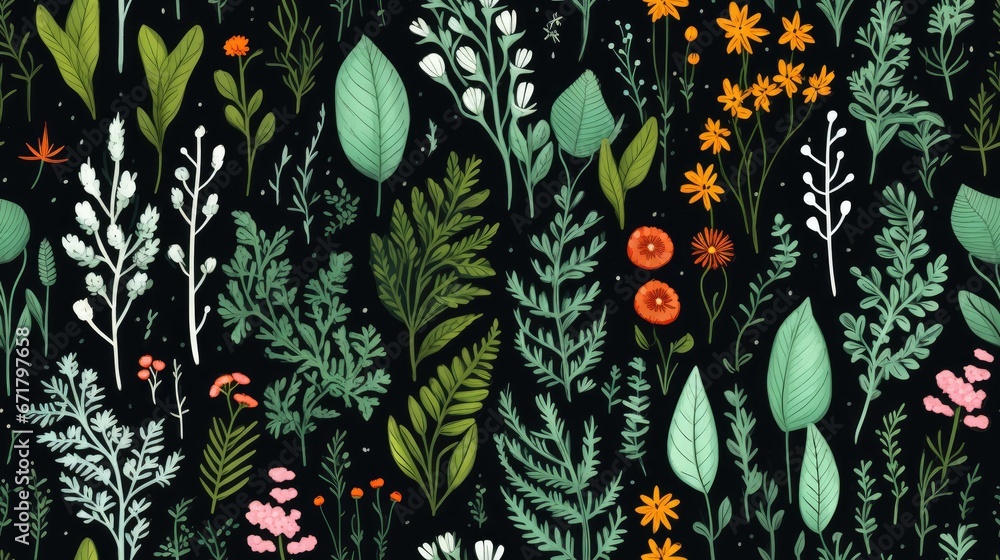 Fototapeta  a black background with a bunch of plants and flowers in the center of the image is a black background with a bunch of plants and flowers in the center of the.  generative ai