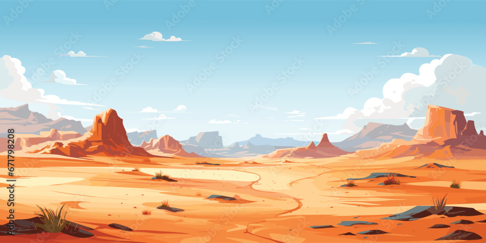 Background of Desert landscape with blue sky, sand, mountain, road, vector illustration - obrazy, fototapety, plakaty 