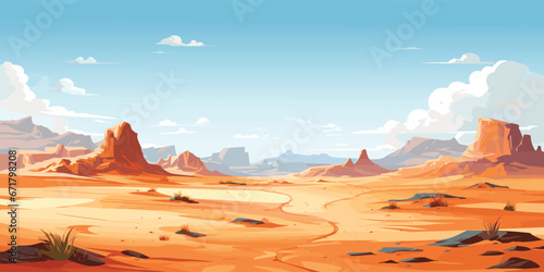 Obraz na płótnie Background of Desert landscape with blue sky, sand, mountain, road, vector illus