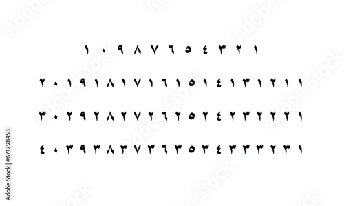 Arabic numbers one to forty  white background and black fonts