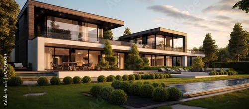 Modern architecture in a large residential plot with a 3D visualization of a villa © Vusal