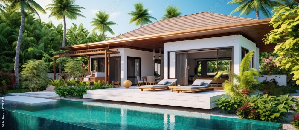 Tropical pool villa exterior design with lush garden