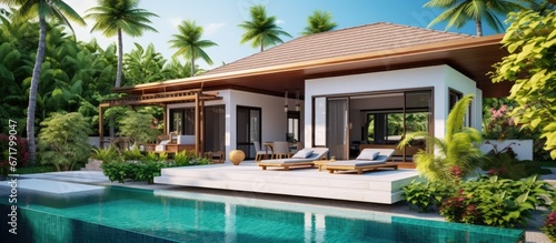 Tropical pool villa exterior design with lush garden © Vusal