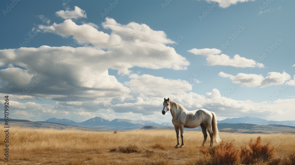 a white horse standing in the middle of a dry grass field under a cloudy blue sky with mountains in the background. generative ai a white horse standing in the middle of a dry grass field under a cloudy blue sky with mountains in the background. generative ai