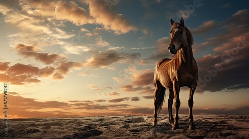 Obraz na płótnie a brown horse standing on top of a sandy beach under a cloudy blue and orange sky with a sunset in the background