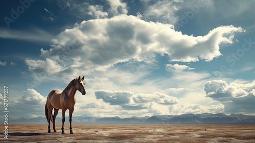  a horse standing in the middle of a desert with a sky filled with clouds above it and mountains in the background.  generative ai