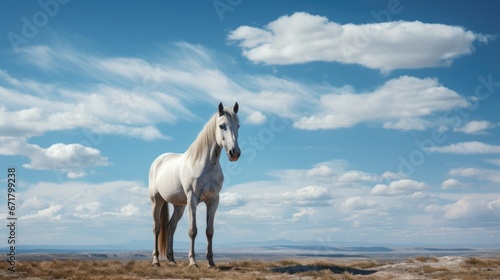  a white horse standing in the middle of a dry grass field under a blue sky with white clouds and a few scattered . generative ai