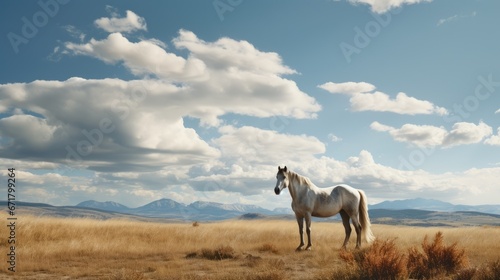  a white horse standing in the middle of a dry grass field under a cloudy blue sky with mountains in the background.  generative ai © Olga