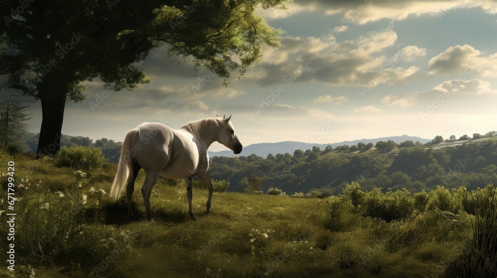 a white horse standing on top of a lush green field next to a lush green forest filled with lots of trees. generative ai a white horse standing on top of a lush green field next to a lush green forest filled with lots of trees. generative ai