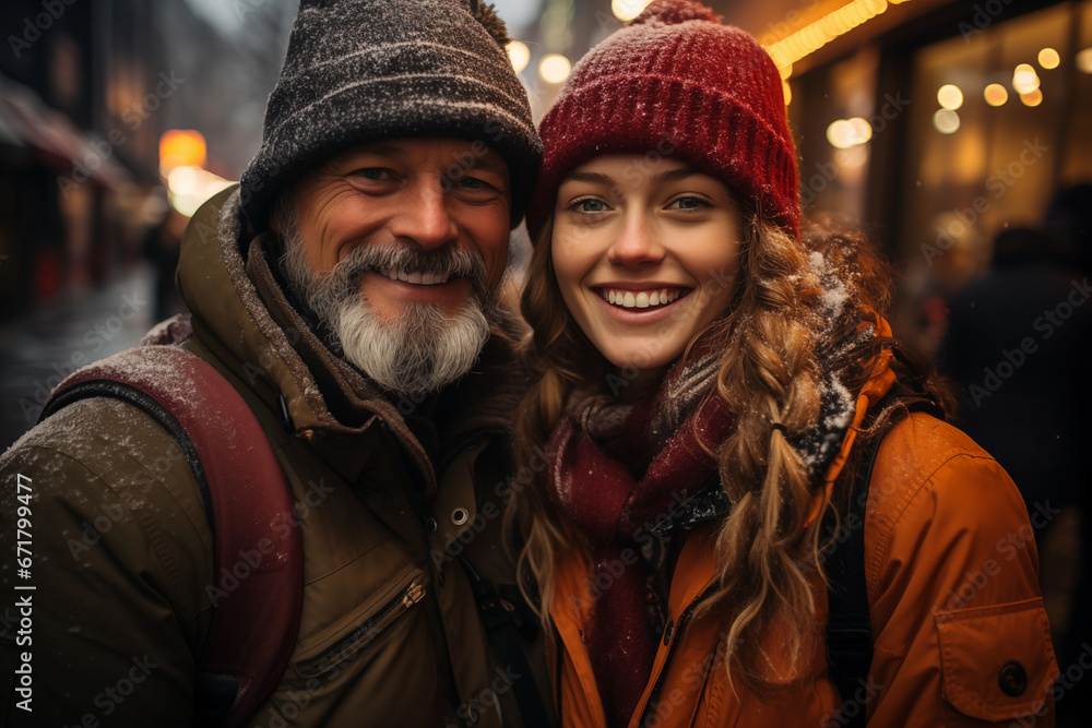 portrait of happy father and daughter on their holiday trip to tourist city portrait of happy father and daughter on their holiday trip to tourist city