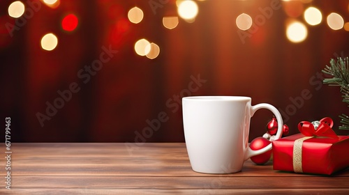  a cup of coffee sitting next to a christmas tree with a red present box on a wooden table with lights in the background. generative ai