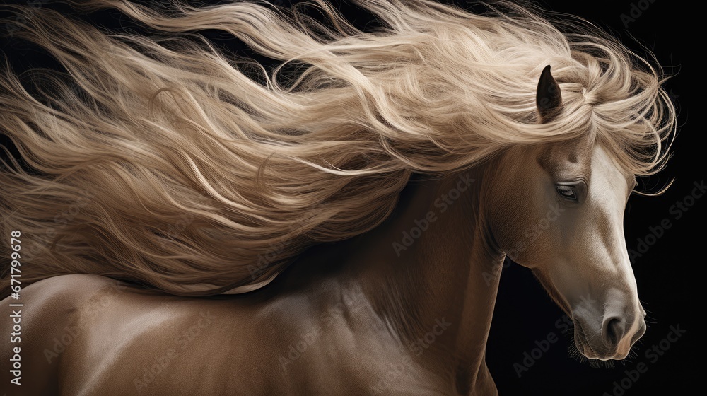 a painting of a horse with long blonde hair blowing in the wind on a black background with a black background. generative ai a painting of a horse with long blonde hair blowing in the wind on a black background with a black background. generative ai