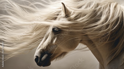  a close up of a horse with long hair blowing in the wind on a gray background with a blurry image of the horse's head. generative ai