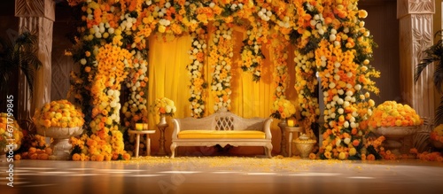 Indian wedding stage decorated with colorful flowers props lights and a yellow theme featuring flower themed arch decor