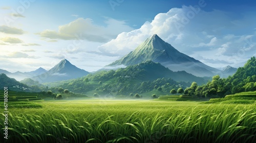  a painting of a green landscape with a mountain in the background and a field of grass in the foreground. generative ai