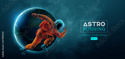 Abstract silhouette of a running athlete astronaut in space action and Earth, Mars, planets on the background of the space. Runner man are running sprint or marathon. Vector illustration
