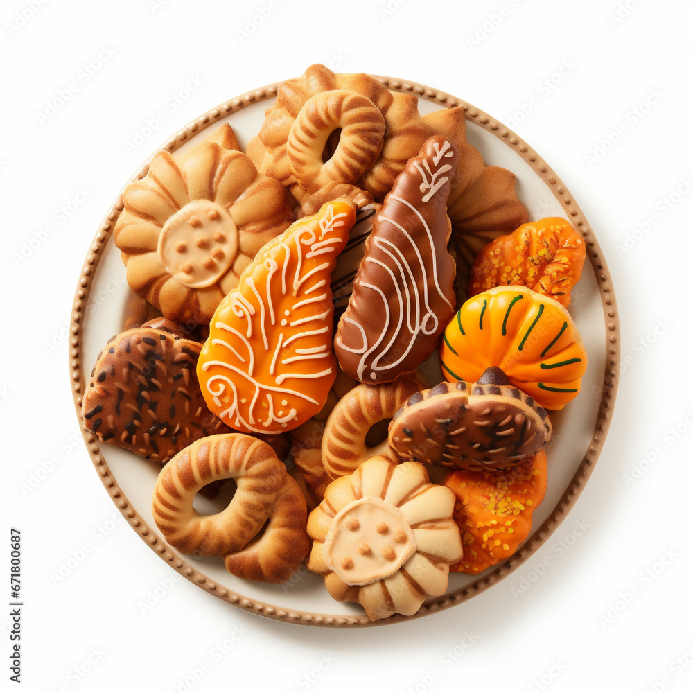 Top Down Photograph, Autumn Thanksgiving.Cookies Isolated on a White Background, Generative AI