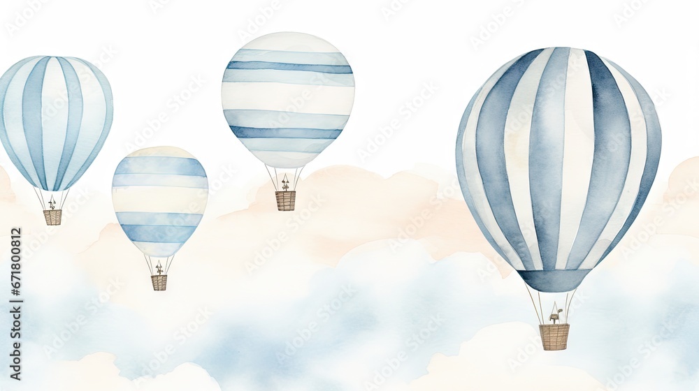 Obraz premium three blue and white hot air balloons flying in the sky on a cloudy day with blue and white clouds in the background. generative ai