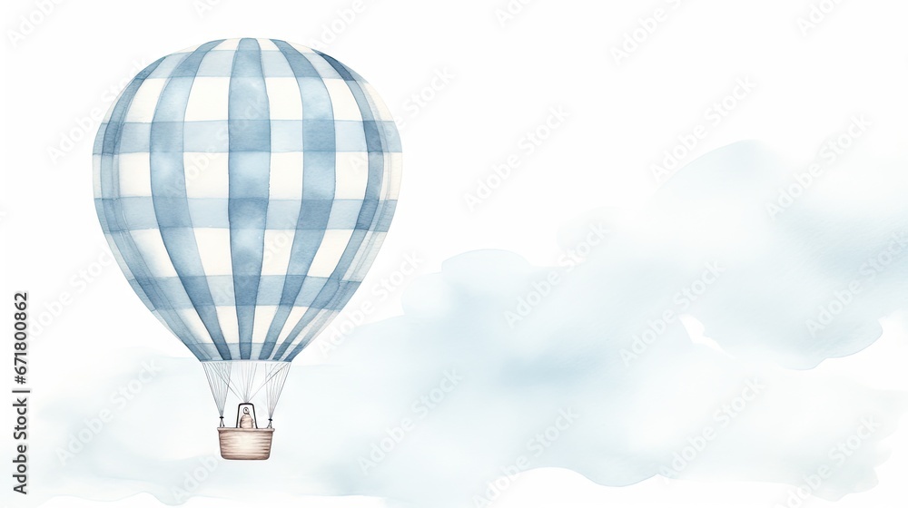 Obraz premium a blue and white checkered hot air balloon flying in the sky with a white cloud in the foreground. generative ai