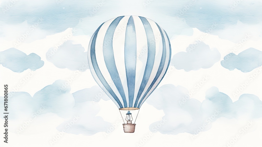 Obraz premium a blue and white striped hot air balloon flying in the sky with clouds in the background and a person inside the balloon. generative ai