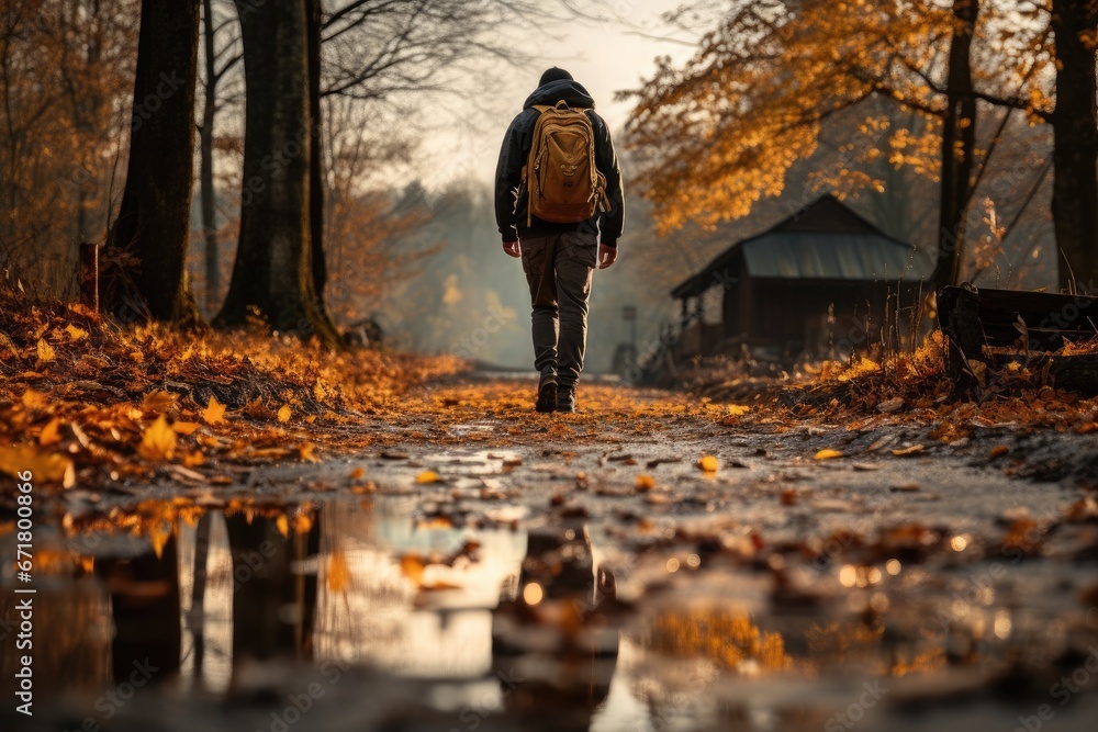 autumn road with dry leaves and puddles of water. Walker reflection in water. autumn road with dry leaves and puddles of water. Walker reflection in water.