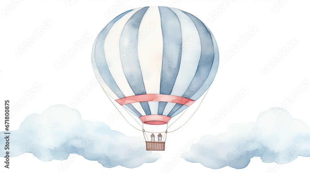 Fototapeta premium a watercolor painting of a hot air balloon flying in the sky with a man standing on top of it. generative ai