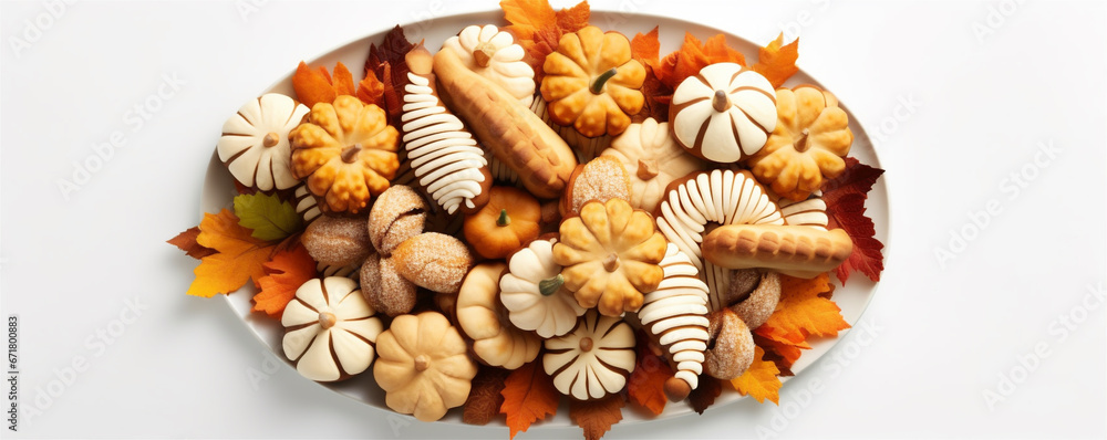 Top Down Photograph, Autumn Thanksgiving.Cookies Isolated on a White Background, Generative AI Top Down Photograph, Autumn Thanksgiving.Cookies Isolated on a White Background, Generative AI