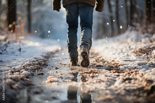 person walking on a snowy road. View only of the legs from a rear view