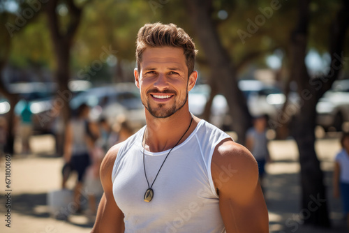 Handsome muscular young man smiling looking at camera. Healthy lifestyle outdoor. © Bobboz