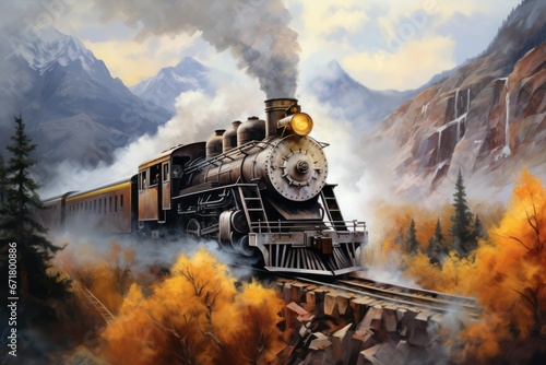 Painting of an old locomotive train on a train tracks railway with smoke billowing from the engine photo