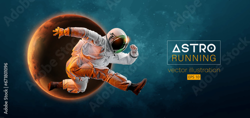 Abstract silhouette of a running athlete astronaut in space action and Earth, Mars, planets on the background of the space. Runner man are running sprint or marathon. Vector illustration
