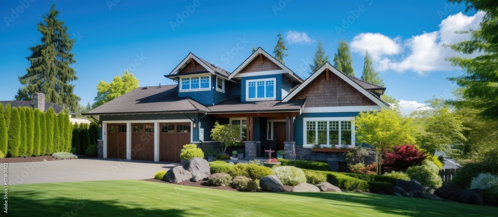 Craftsman house with spacious garage vibrant lawn and clear sky
