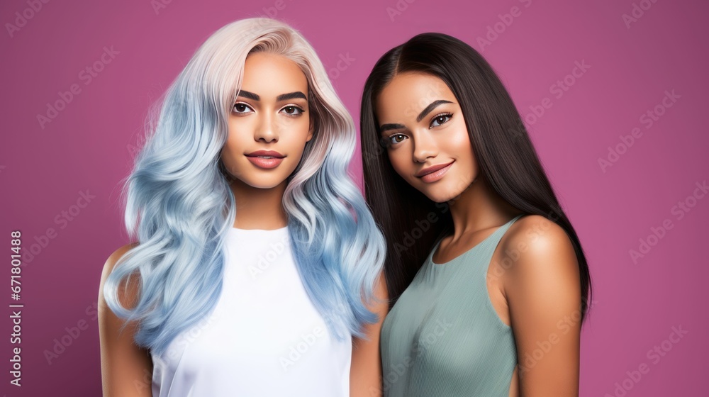 Beautiful confident and smiling women with different ethnicities and stylish hairs and minimal background Beautiful confident and smiling women with different ethnicities and stylish hairs and minimal background