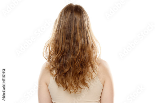 Female Natural Long wavy blonde hair, rear view on a white studio background